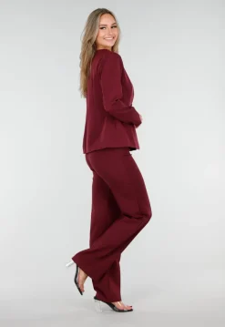 Bordeauxrode Blazer met Diepe Halslijn en Getailleerde Pasvorm
