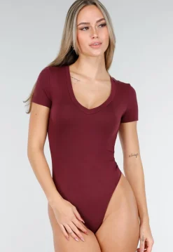 Bordeauxrode Bodysuit met Korte Mouwen en Diepe V-Hals in Stretchstof