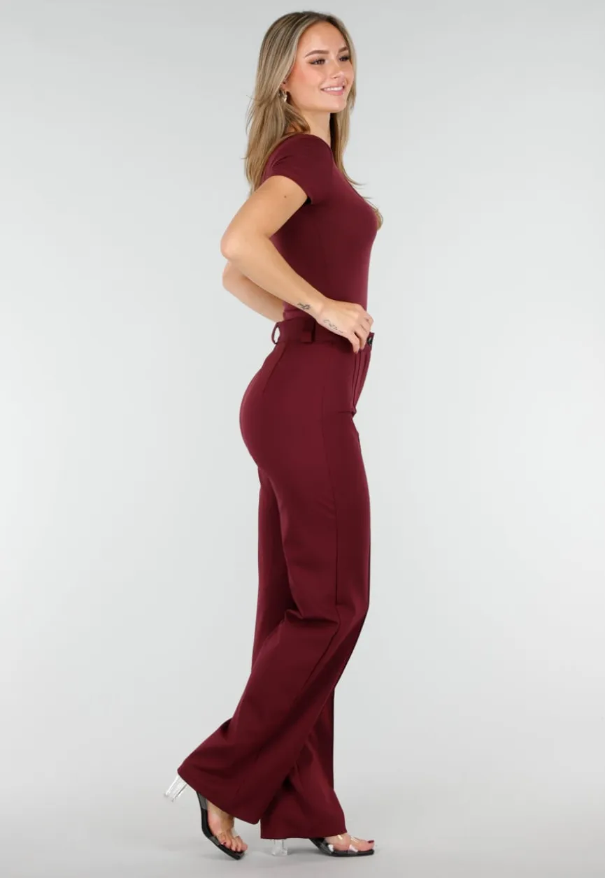 Bordeauxrode Bodysuit met Korte Mouwen en Diepe V-Hals in Stretchstof