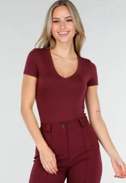 Bordeauxrode Bodysuit met Korte Mouwen en Diepe V-Hals in Stretchstof