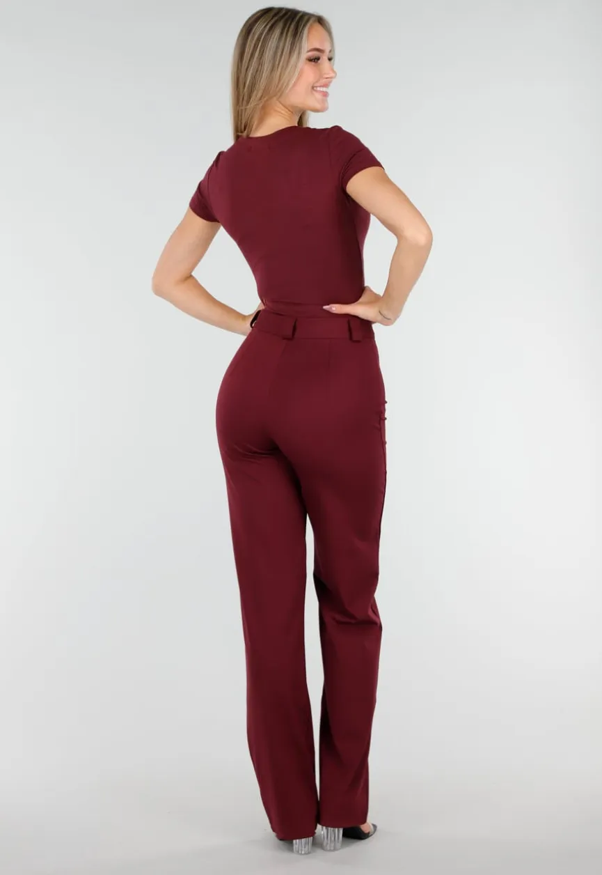 Bordeauxrode Bodysuit met Korte Mouwen en Diepe V-Hals in Stretchstof