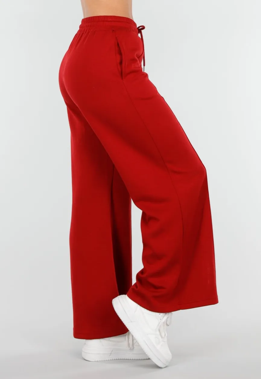 Bordeauxrode Broek met Wijde Pijpen en Elastische Taille