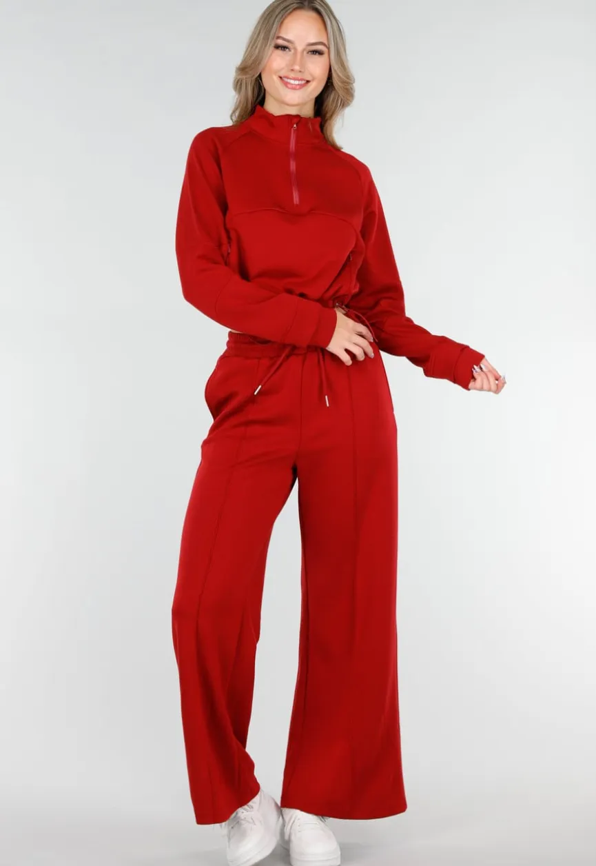 Bordeauxrode Broek met Wijde Pijpen en Elastische Taille