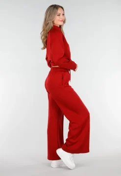 Bordeauxrode Broek met Wijde Pijpen en Elastische Taille