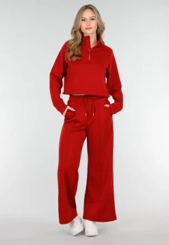 Bordeauxrode Cropped Lounge Trui met Halve Rits en Hoge Kraag