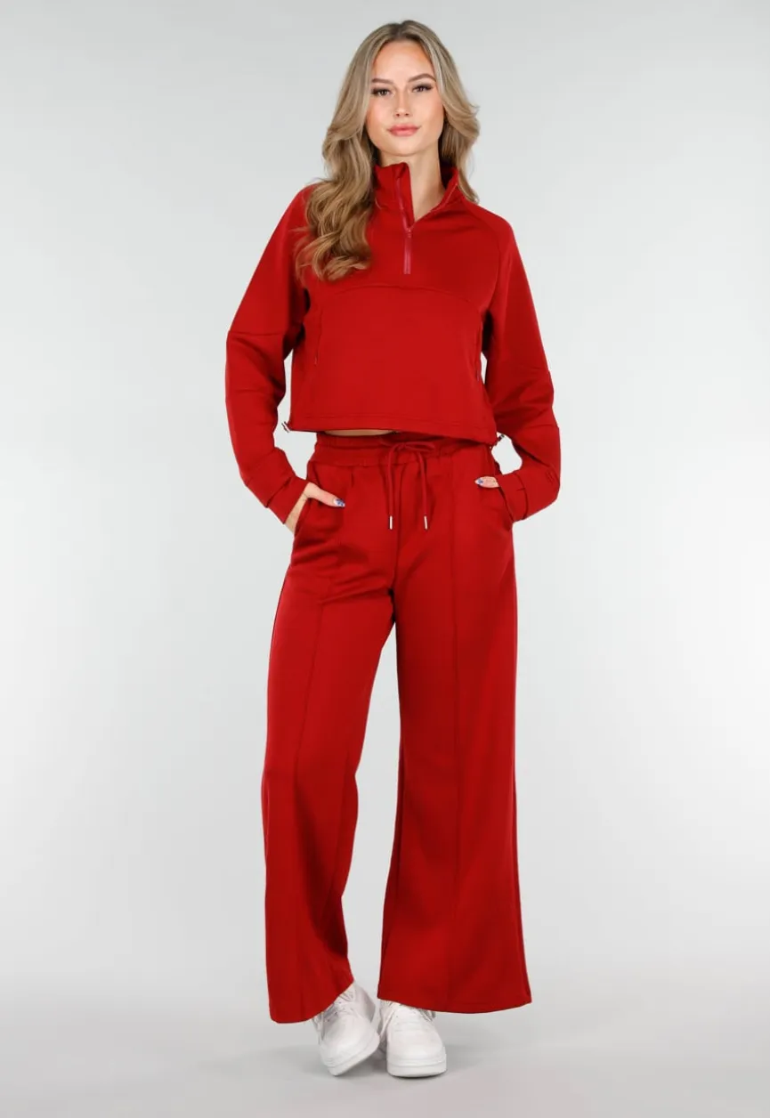 Bordeauxrode Cropped Lounge Trui met Halve Rits en Hoge Kraag