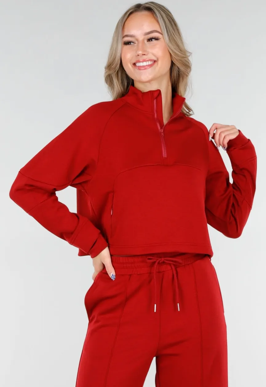 Bordeauxrode Cropped Lounge Trui met Halve Rits en Hoge Kraag