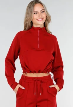 Bordeauxrode Cropped Lounge Trui met Halve Rits en Hoge Kraag