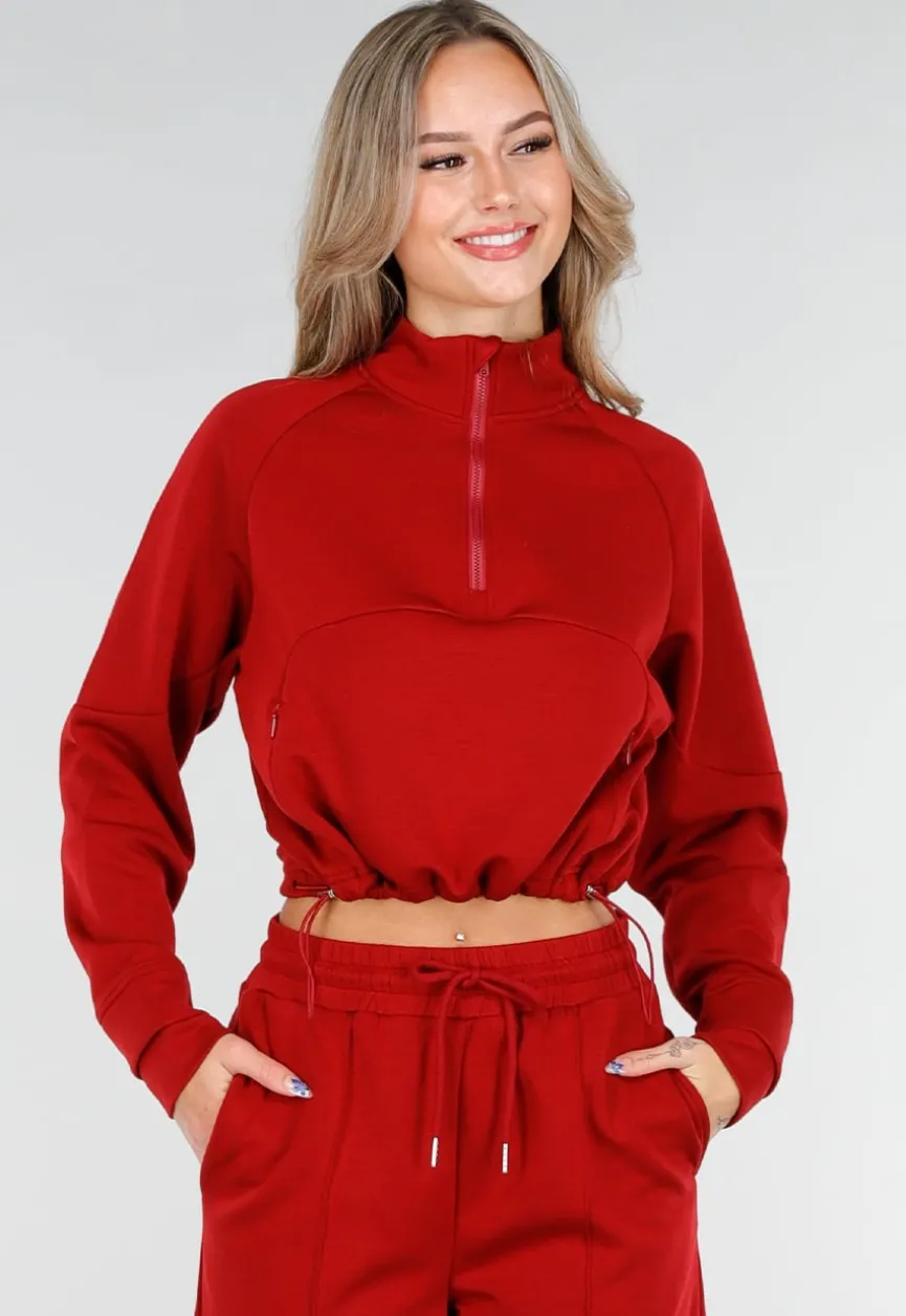 Bordeauxrode Cropped Lounge Trui met Halve Rits en Hoge Kraag