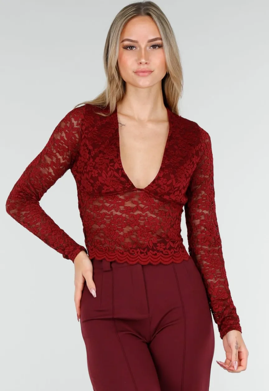 Bordeauxrode Crop Top met Kant en Lange Mouwen
