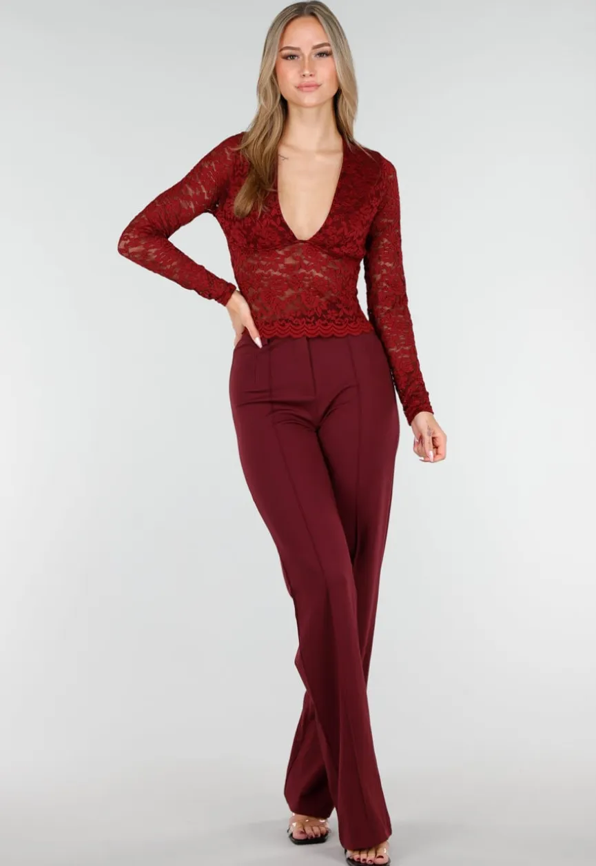 Bordeauxrode Crop Top met Kant en Lange Mouwen
