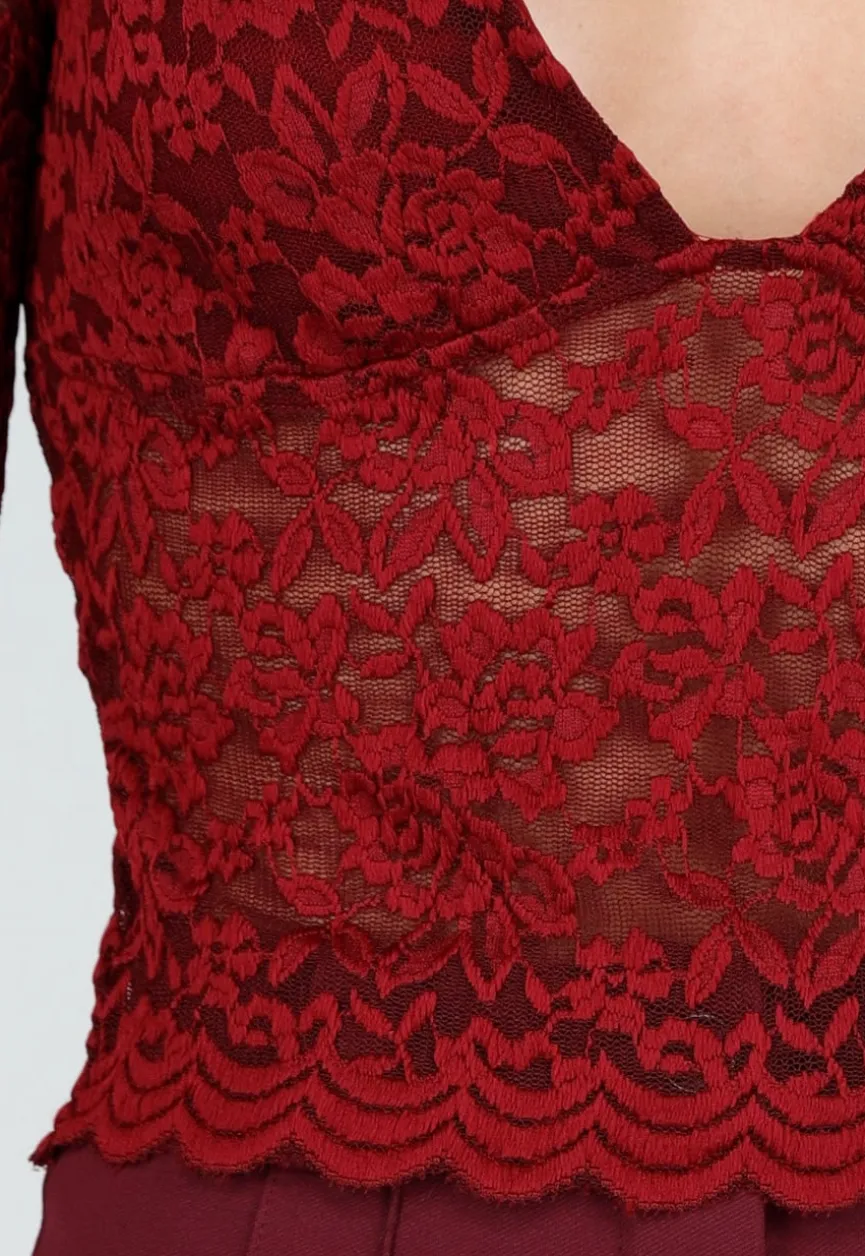 Bordeauxrode Crop Top met Kant en Lange Mouwen