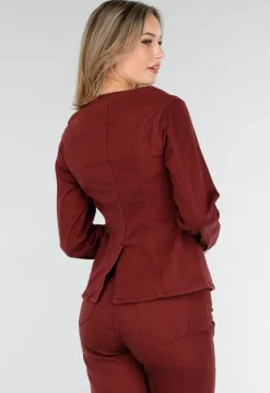 Bordeauxrode Denim Blazer met Peplum en Goudkleurige Knopen