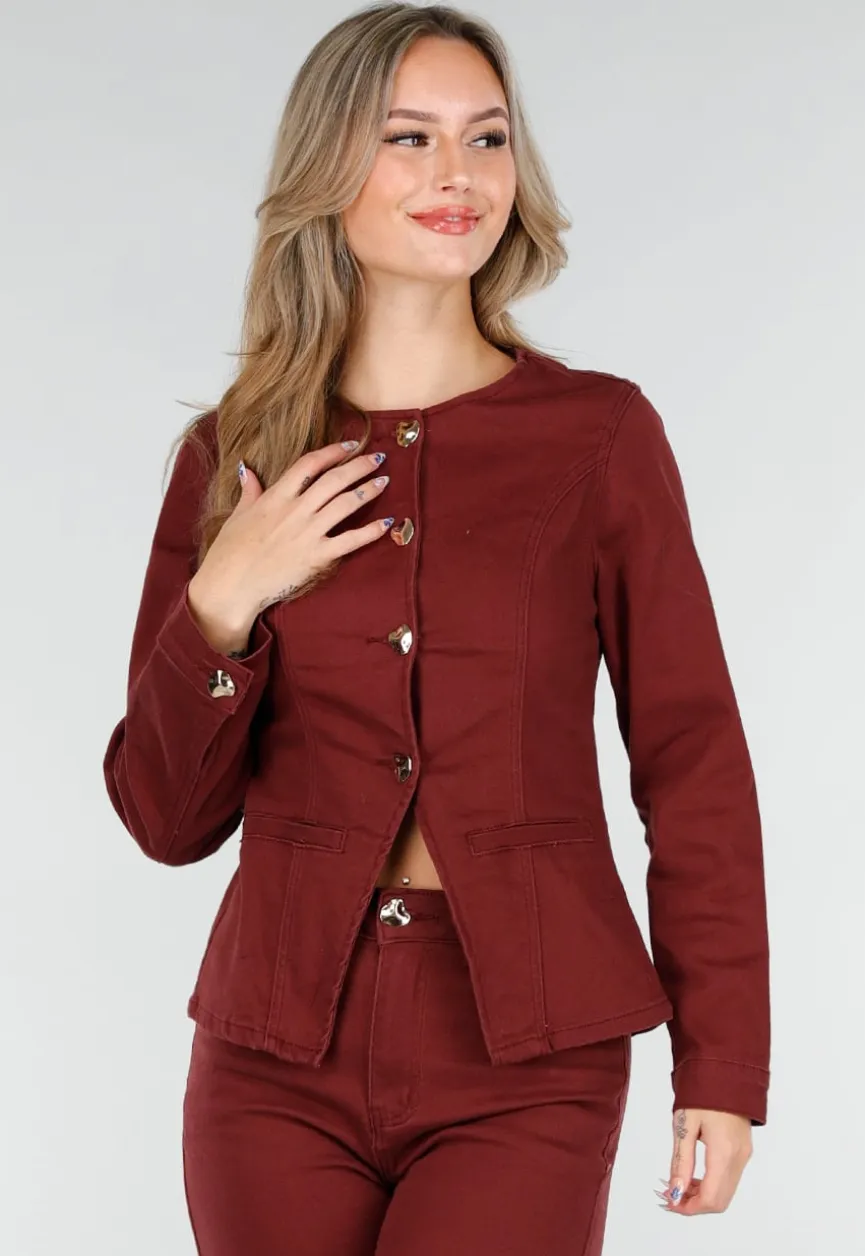 Bordeauxrode Denim Blazer met Peplum en Goudkleurige Knopen