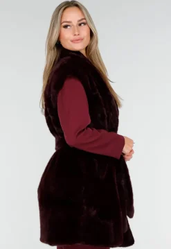 Bordeauxrode Faux Fur Bodywarmer met Ceintuur