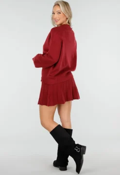 Bordeauxrode Gebreide 2-Piece Set met Trui en Rok