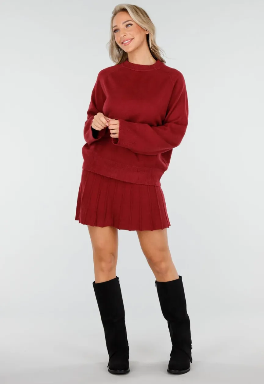 Bordeauxrode Gebreide 2-Piece Set met Trui en Rok