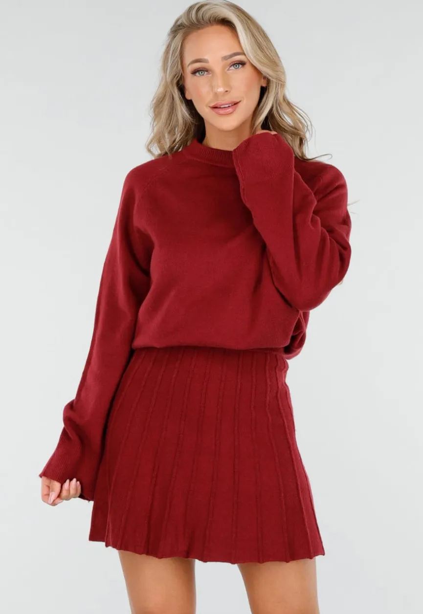 Bordeauxrode Gebreide 2-Piece Set met Trui en Rok