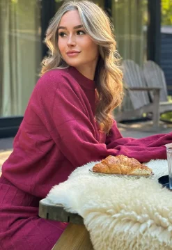 Bordeauxrode Gebreide 2-Piece Set met Trui en Rok