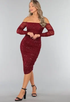 Bordeaux Rode Glitter Bodycon Jurk van Mesh