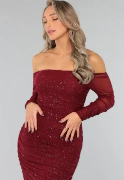 Bordeaux Rode Glitter Bodycon Jurk van Mesh
