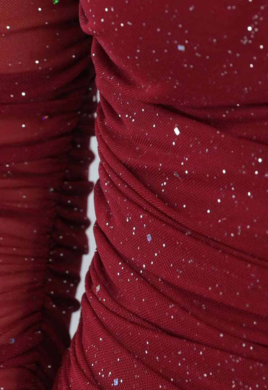 Bordeaux Rode Glitter Bodycon Jurk van Mesh