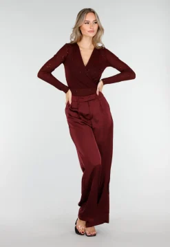 Bordeauxrode Glitter Body met V-Hals en Lange Mouwen