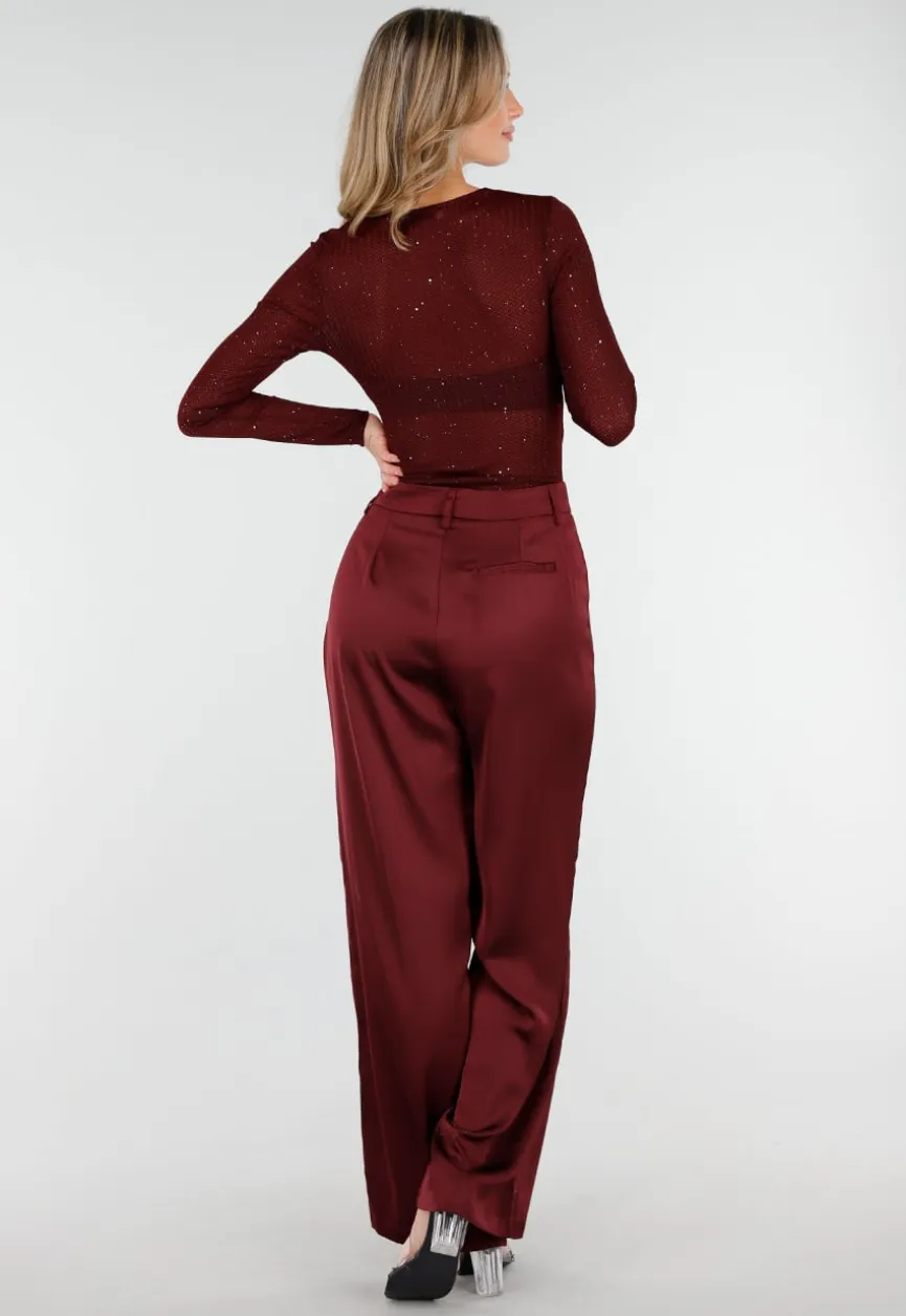 Bordeauxrode Glitter Body met V-Hals en Lange Mouwen