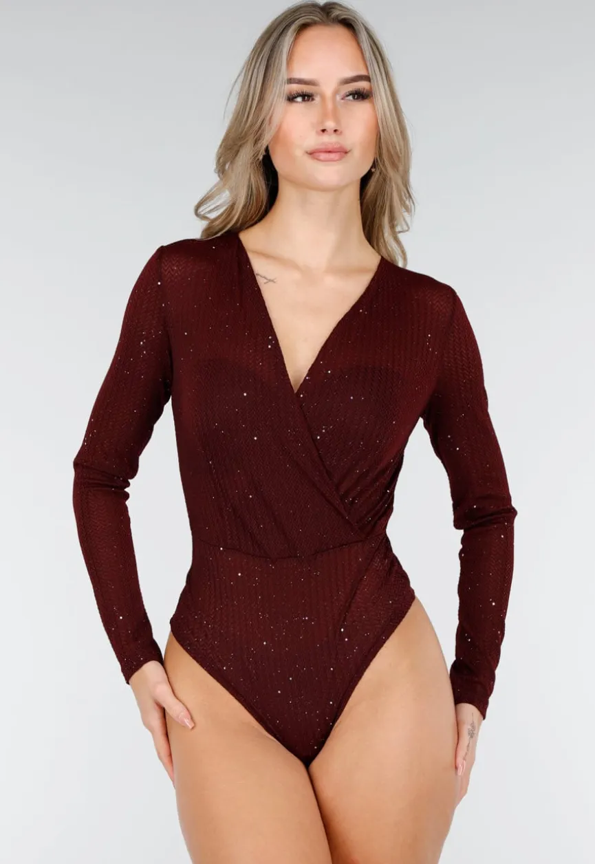 Bordeauxrode Glitter Body met V-Hals en Lange Mouwen