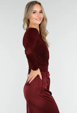 Bordeauxrode Glitter Body met V-Hals en Lange Mouwen