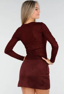 Bordeauxrode Glitter Top met Stretch