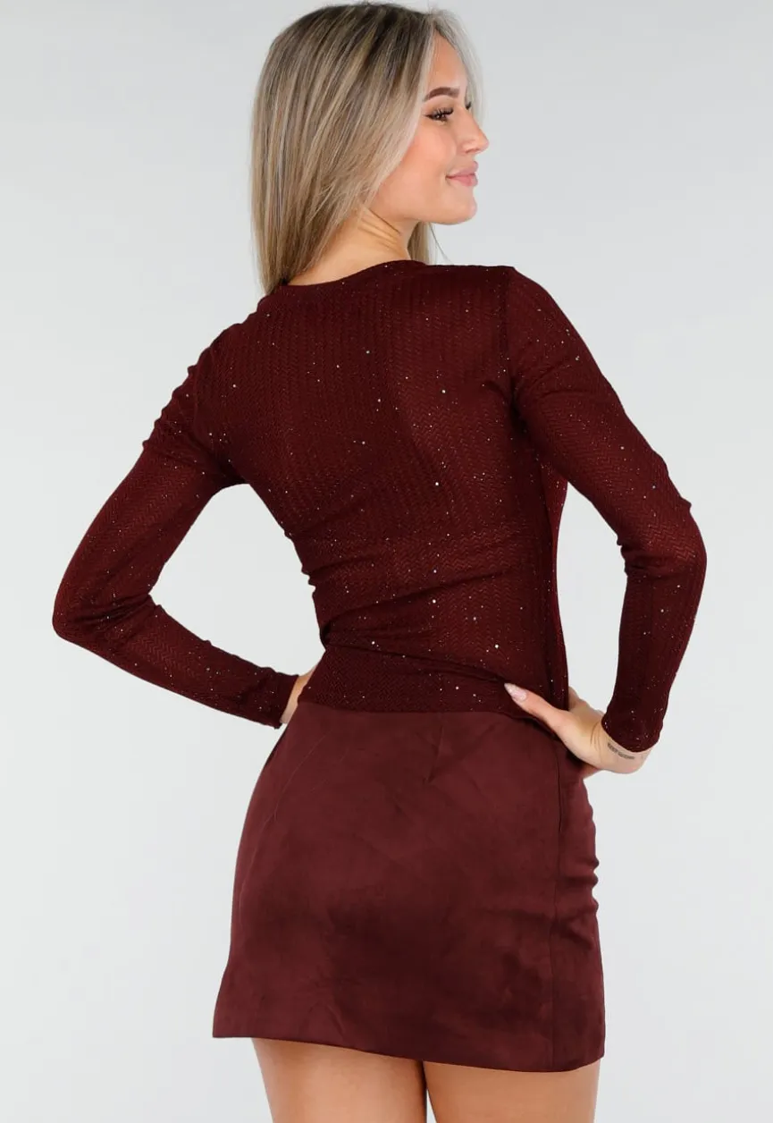 Bordeauxrode Glitter Top met Stretch