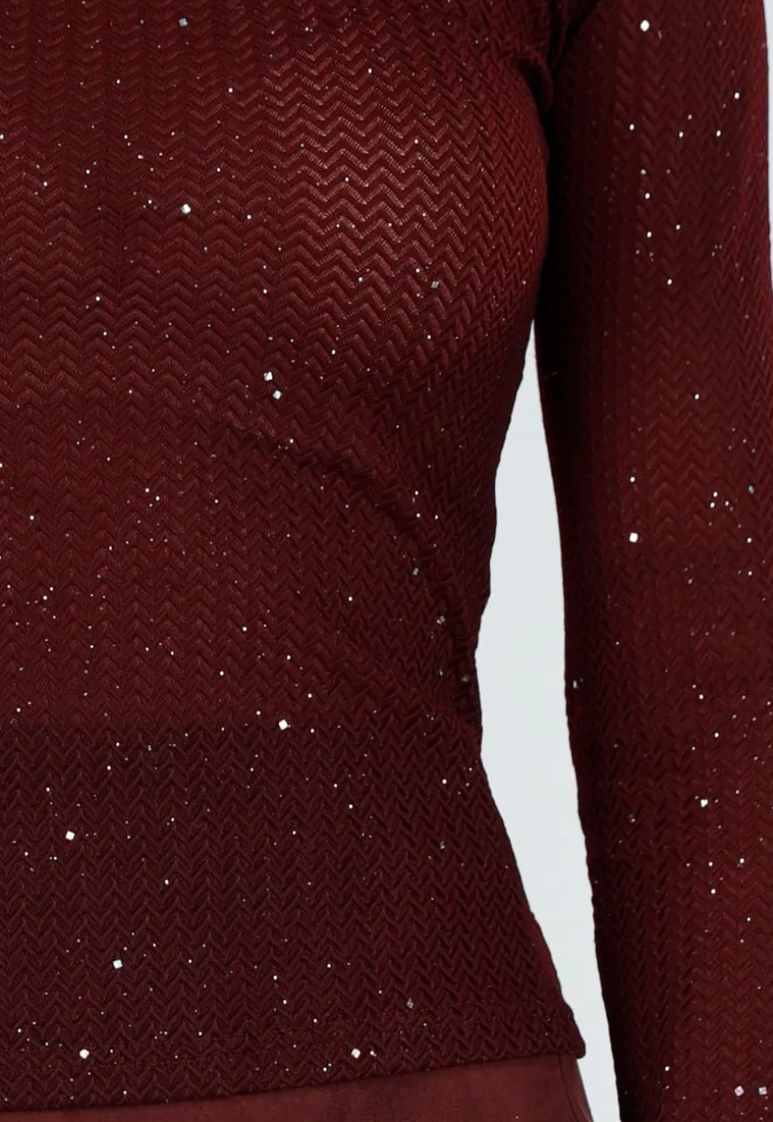 Bordeauxrode Glitter Top met Stretch