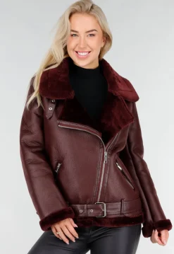 Bordeaux Rode Imitatie Leren Biker Jas met Faux Fur