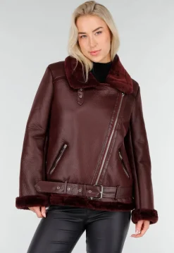 Bordeaux Rode Imitatie Leren Biker Jas met Faux Fur