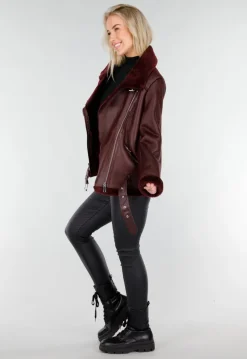 Bordeaux Rode Imitatie Leren Biker Jas met Faux Fur