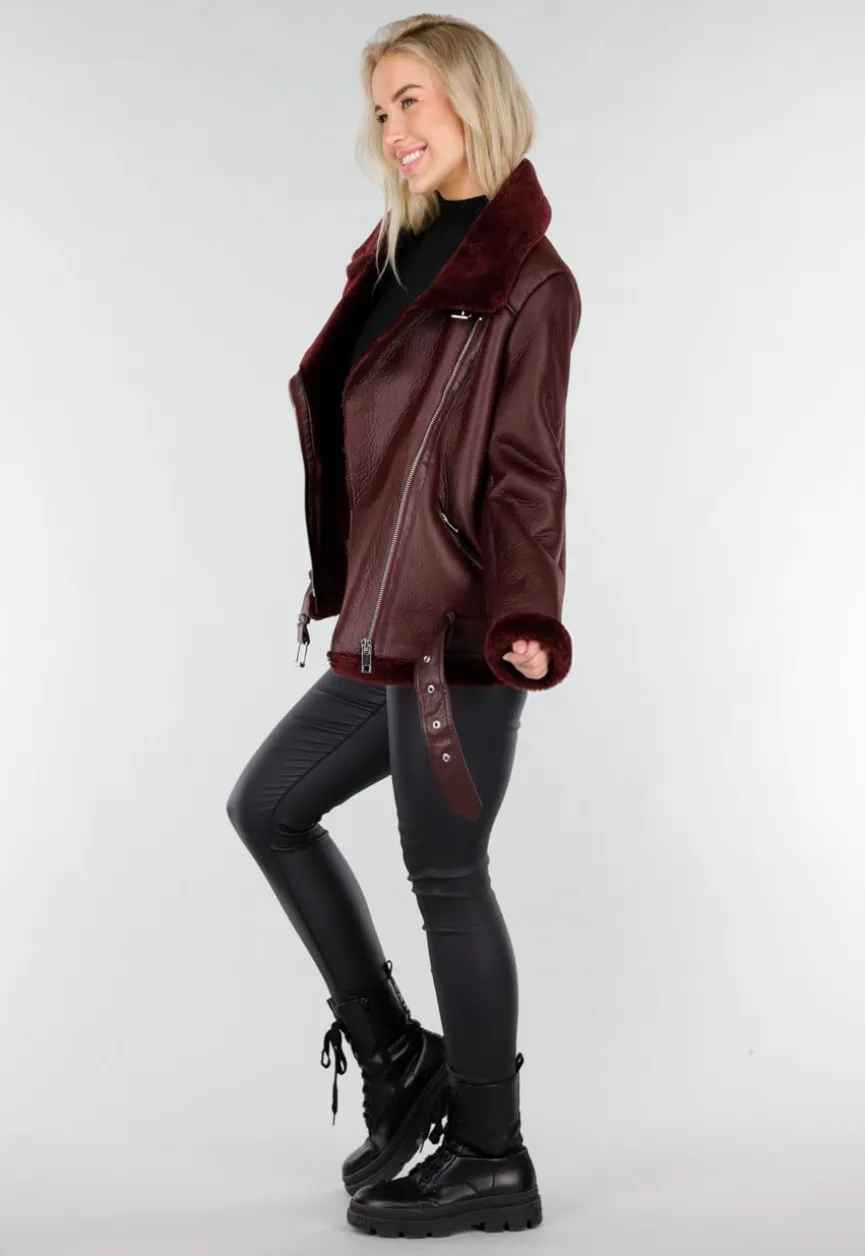 Bordeaux Rode Imitatie Leren Biker Jas met Faux Fur