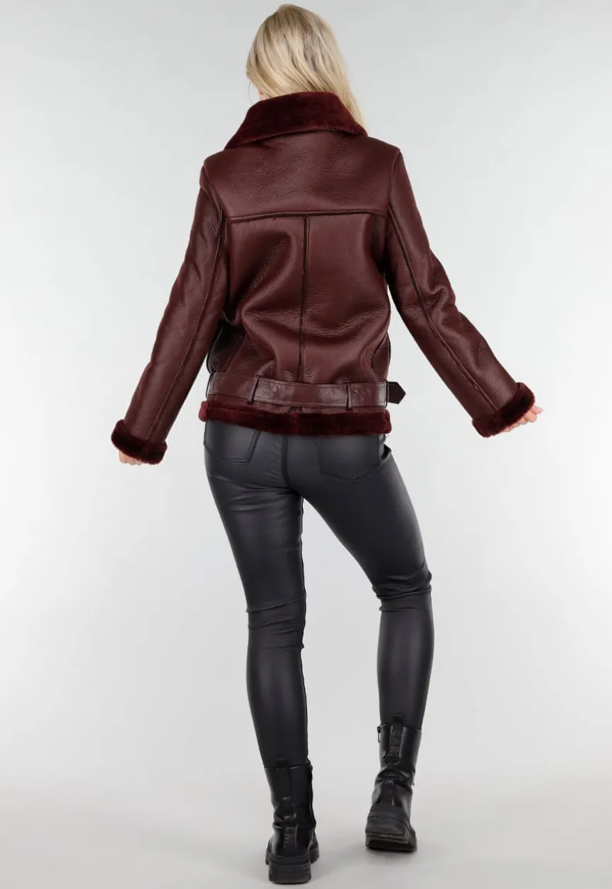 Bordeaux Rode Imitatie Leren Biker Jas met Faux Fur