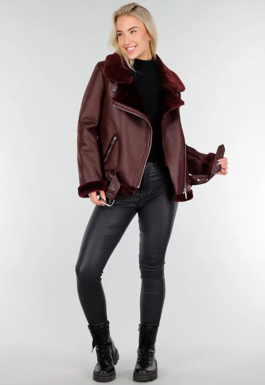 Bordeaux Rode Imitatie Leren Biker Jas met Faux Fur