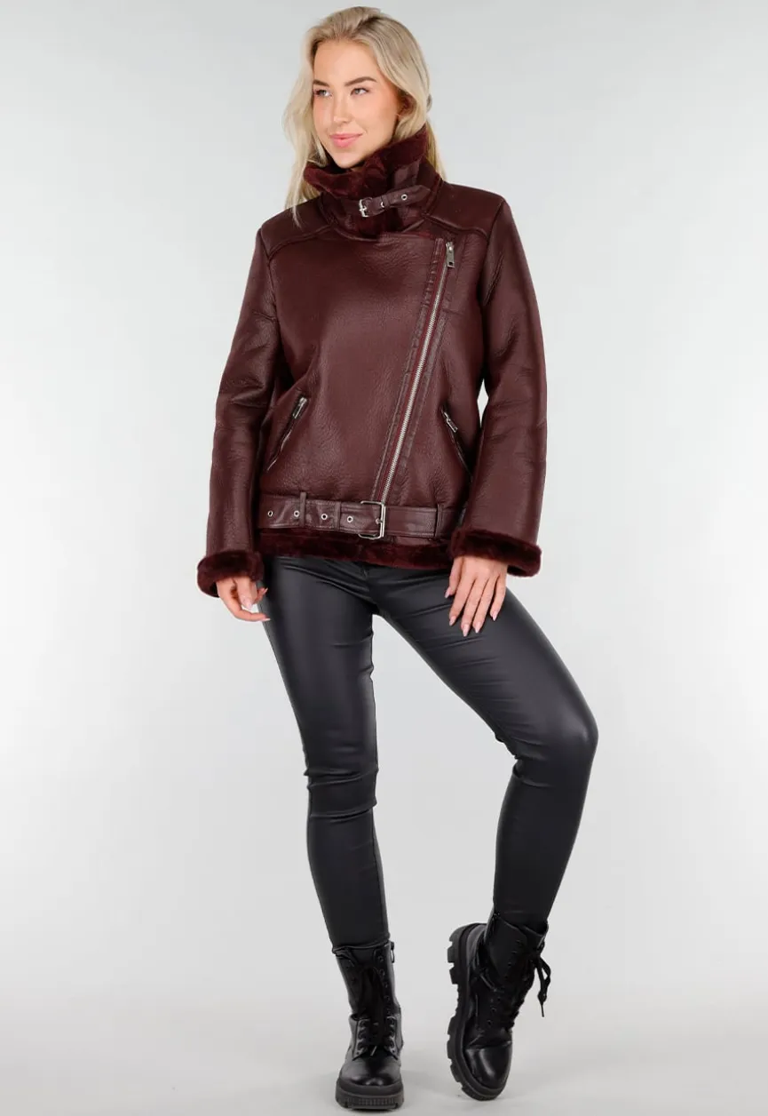 Bordeaux Rode Imitatie Leren Biker Jas met Faux Fur
