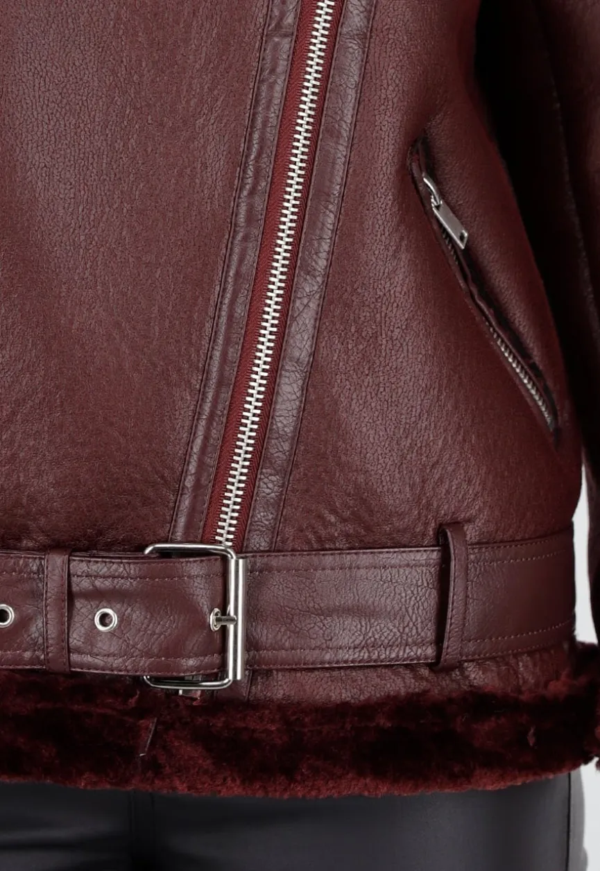 Bordeaux Rode Imitatie Leren Biker Jas met Faux Fur