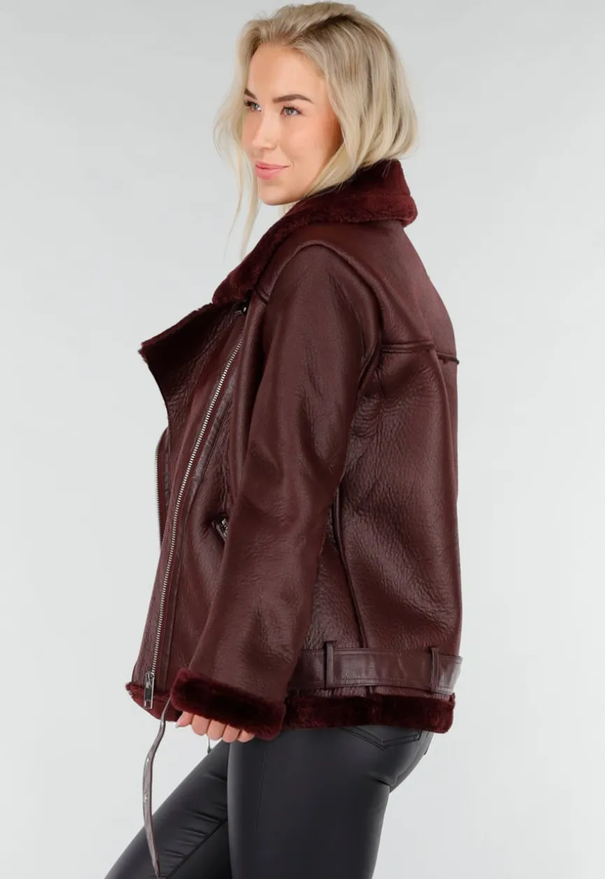 Bordeaux Rode Imitatie Leren Biker Jas met Faux Fur