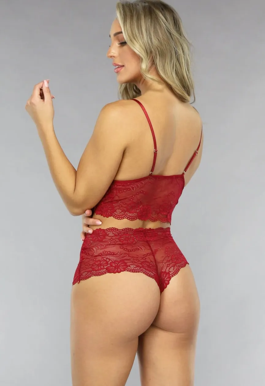 Bordeaux Rode Kanten Brazilian Lingerie Set