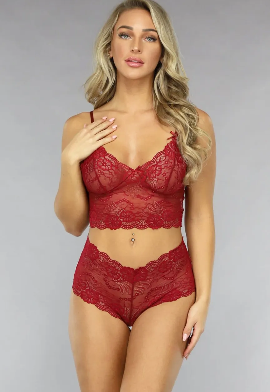Bordeaux Rode Kanten Brazilian Lingerie Set