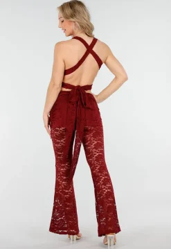Bordeauxrode Kanten 2-Piece met Wikkel Top en Flared Broek
