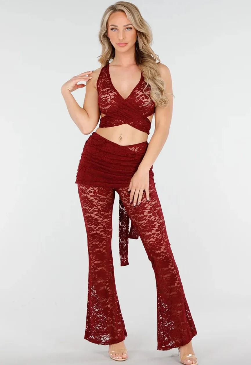 Bordeauxrode Kanten 2-Piece met Wikkel Top en Flared Broek