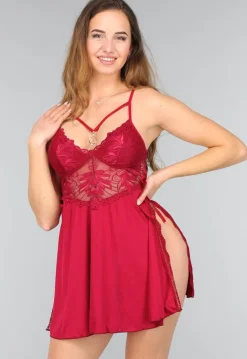 Bordeaux Rode Kanten Slipdress met Splitjes
