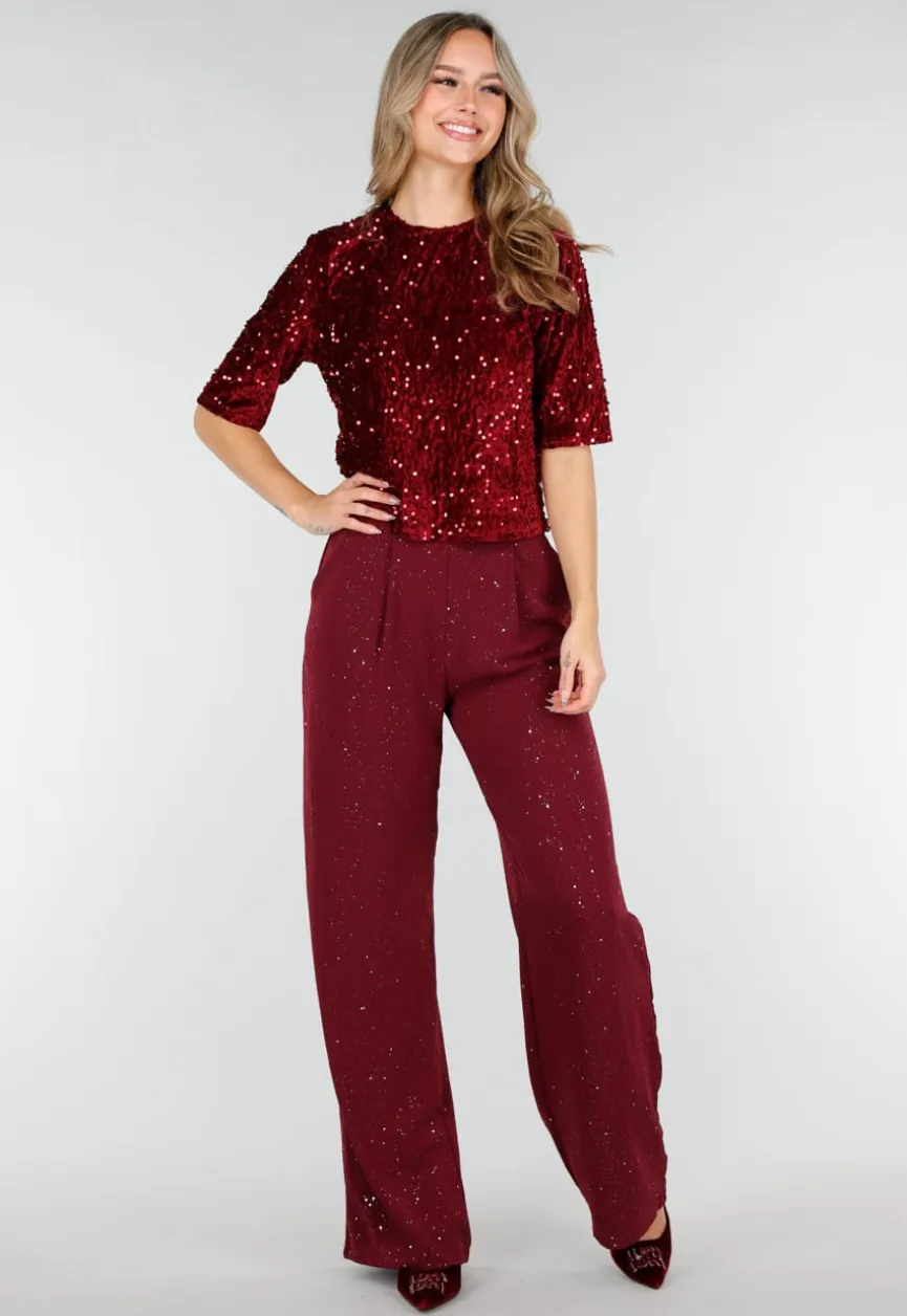 Bordeauxrode Linnenlook Glitter Pantalon met Stretchband