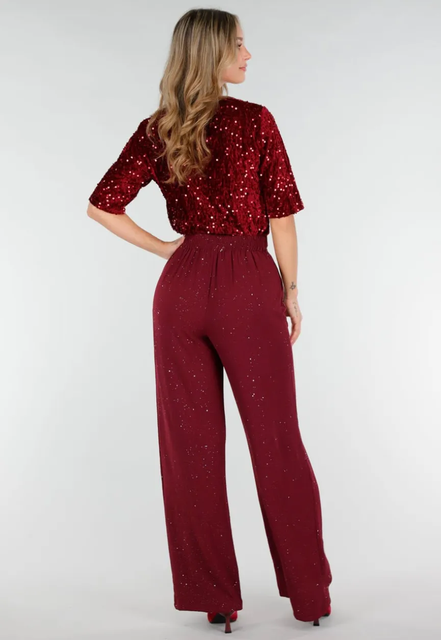 Bordeauxrode Linnenlook Glitter Pantalon met Stretchband