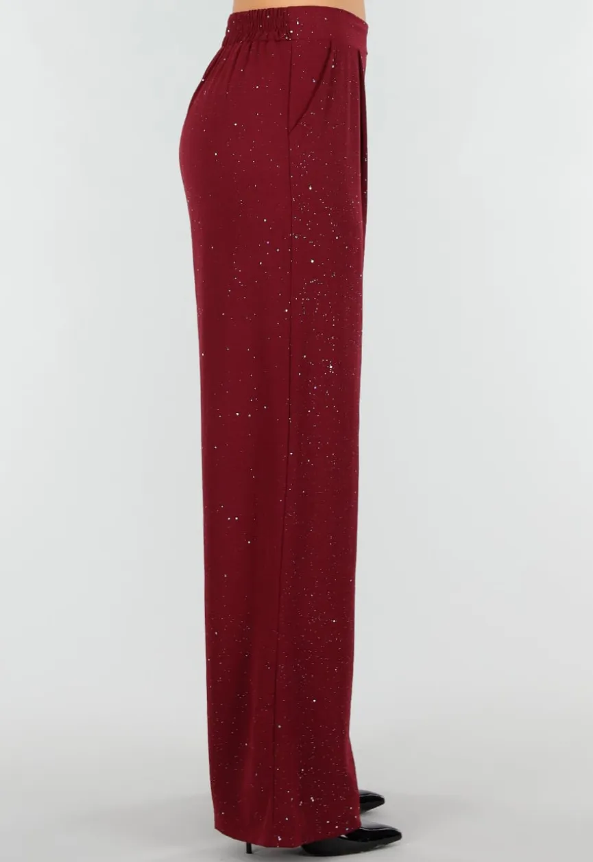 Bordeauxrode Linnenlook Glitter Pantalon met Stretchband